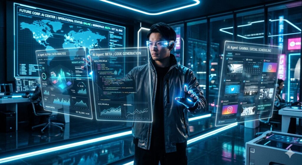 データ分析、コード生成、ソーシャルメディアのスケジューリングを同時に実行する複数の半透明なAIエージェントインターフェースを操作しているプロフェッショナルがいる、ネオンブルーとホワイトに輝く未来的なワークスペース。
