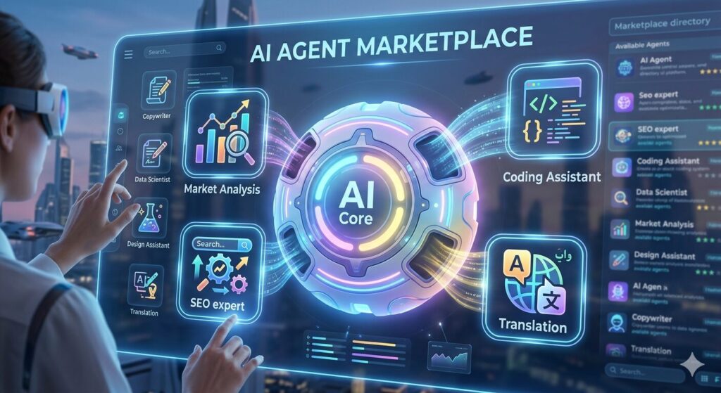 「Market Analysis（市場分析）」「SEO expert（SEO専門家）」「Coding Assistant（コーディング補助）」「Translation（翻訳）」といったモジュール型のスキルアイコンが、中央のAIコアに接続・組み込まれていく、未来的で鮮やかなインターフェースを備えたAIエージェントマーケットプレイス。
