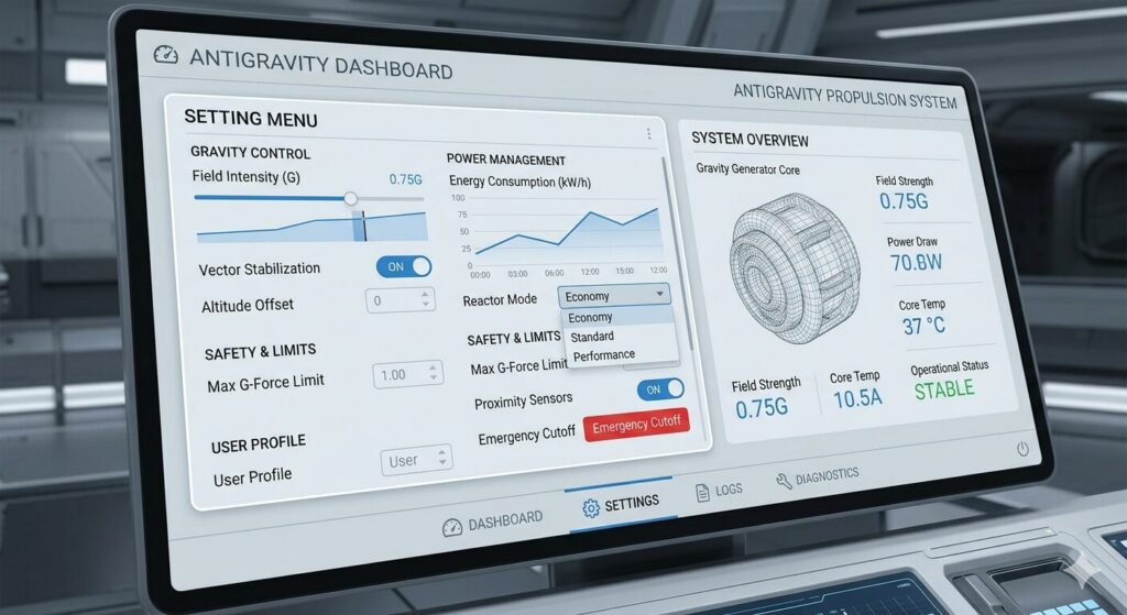 AntigravityダッシュボードのクリーンなUIデザインと、直感的な設定メニューが表示されている操作画面のイメージ