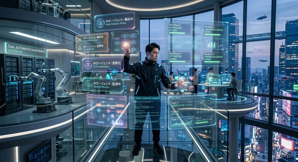 未来的なオフィスで、人間が空中に浮かぶデジタルパネル（AIエージェントのアイコンやワークフロー）を指揮し、背後で複数のタスクが自動で完了していくイメージ