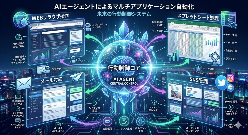 AIエージェントが複数のアプリケーション（Webブラウザ、スプレッドシート、SNS、メール）を自在に操作し、中心で「行動」を制御している様子を描いた近未来的なインフォグラフィック