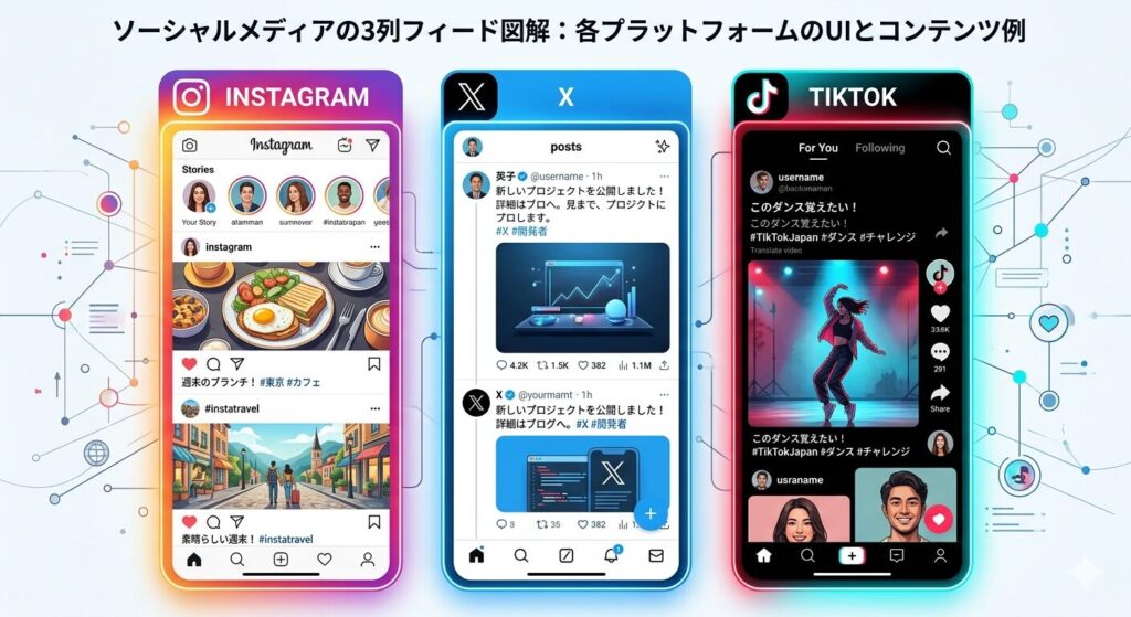 Instagram/X/TikTokの3列フィード、それぞれに実際のUI風偽スクショ、各カラムにブランドカラーの照明