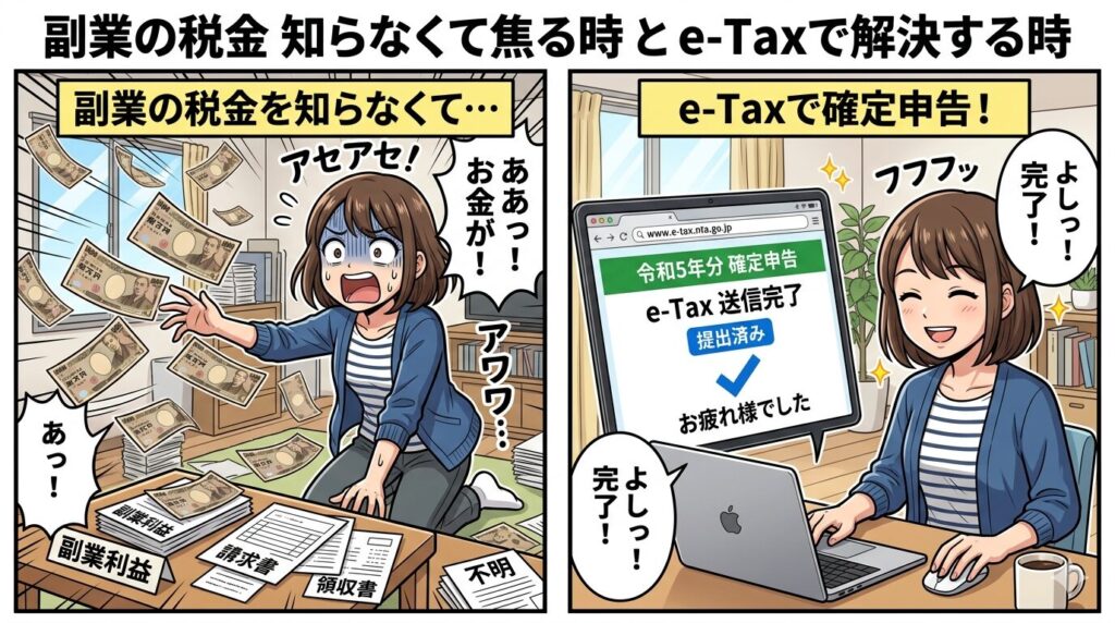 左：知らなくて1万円札が飛んでいく焦るキャラ。右：同じキャラがe-Tax画面の前で余裕の笑顔。マンガ塗りセル風
