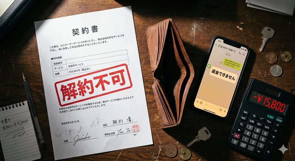 机の上：「解約不可」スタンプの契約書・空財布・「返金できません」のLINE・赤字の電卓。ドラマチックなハード照明