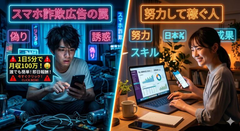 スマホ詐欺広告とちゃんと稼ぐ人の対比（スプリット画面）。ネオンブルー×オレンジ